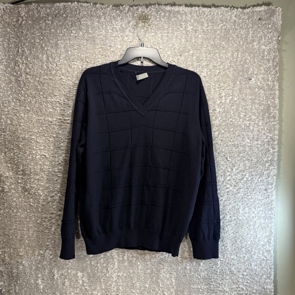Dior V-Neck Navy Wool Sweater CD Logo XL Preppy Academia Plaid Italy Made READ